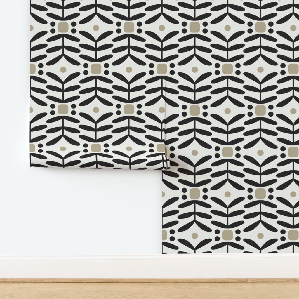 Peel & Stick Wallpaper Swatch - Black and White,Geometric Plant,Abstract Fern,Botanical,Exotic Safari,tan Cream Custom Removable Wallpaper by Spoonflower