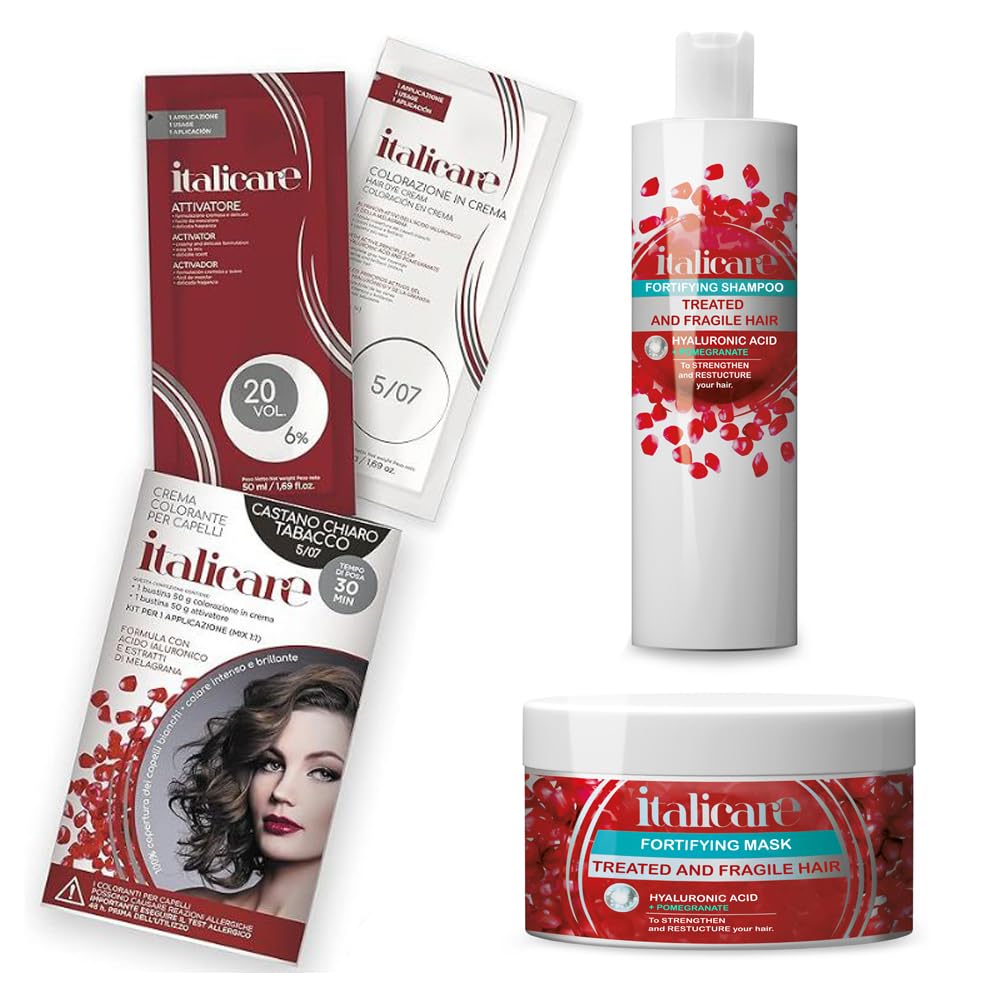 Italicare Fortifing Shampoo + Mask Combo Pack With Hyaluronic Acid + Pomegranate Extract For Treated Hair Strengthen and Restructure Your Hair 300ml With Hair Color Combo | 5/07 Light Brown Tobacco-image-39