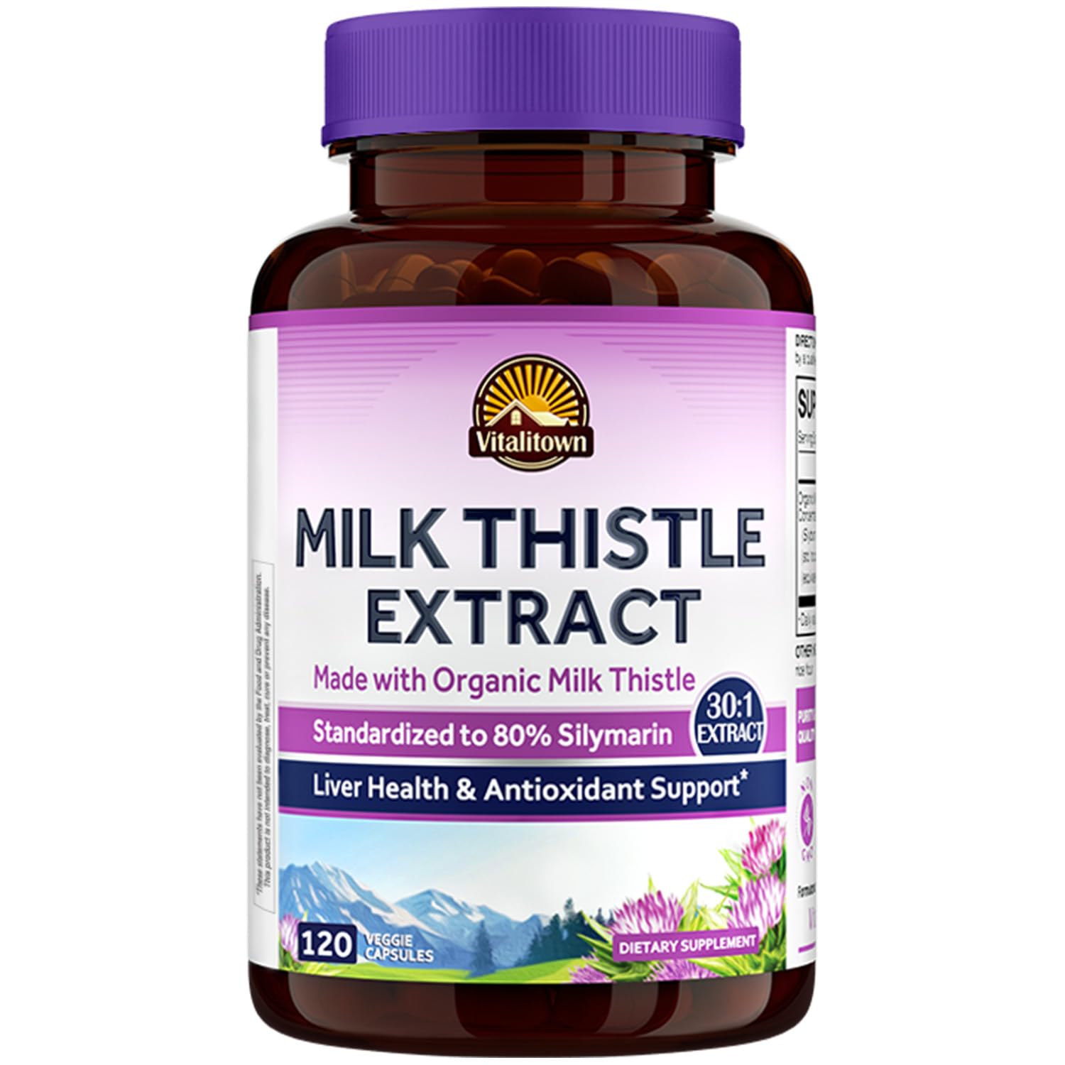 Vitalitown Organic Milk Thistle Antioxidant Support, Detox & Cleansing, 120 Vegan Caps
