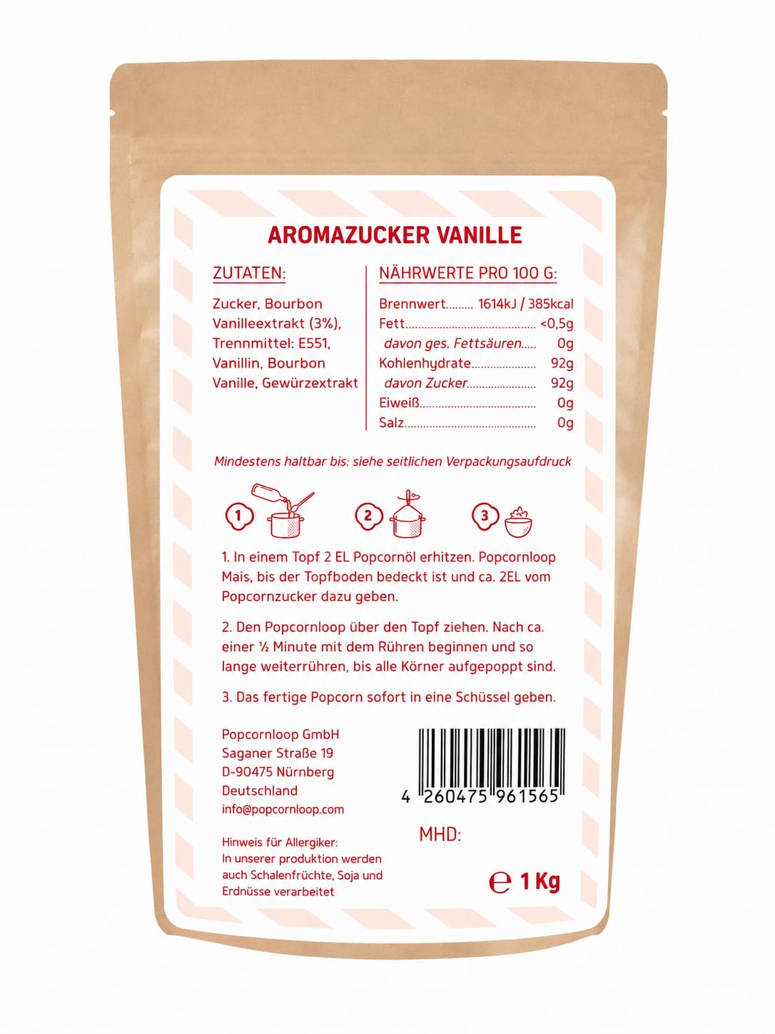 Popcornloop Sucre popcorn vanille 1000 g avec bourbon vanille sucre vanilline popcorn maïs épice pour affiner la cuisson dessert céréales yaourt 1.00 kg(Lot de 1)