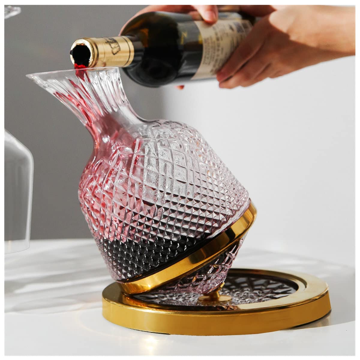 Decanter Per Vino In Cristallo Con Base Rotante 360° – Caraffa Aeratore Con Tappo In Acciaio Inox – Regalo Per Amanti Del Vino, Anniversari E Matrimoni (Oro)