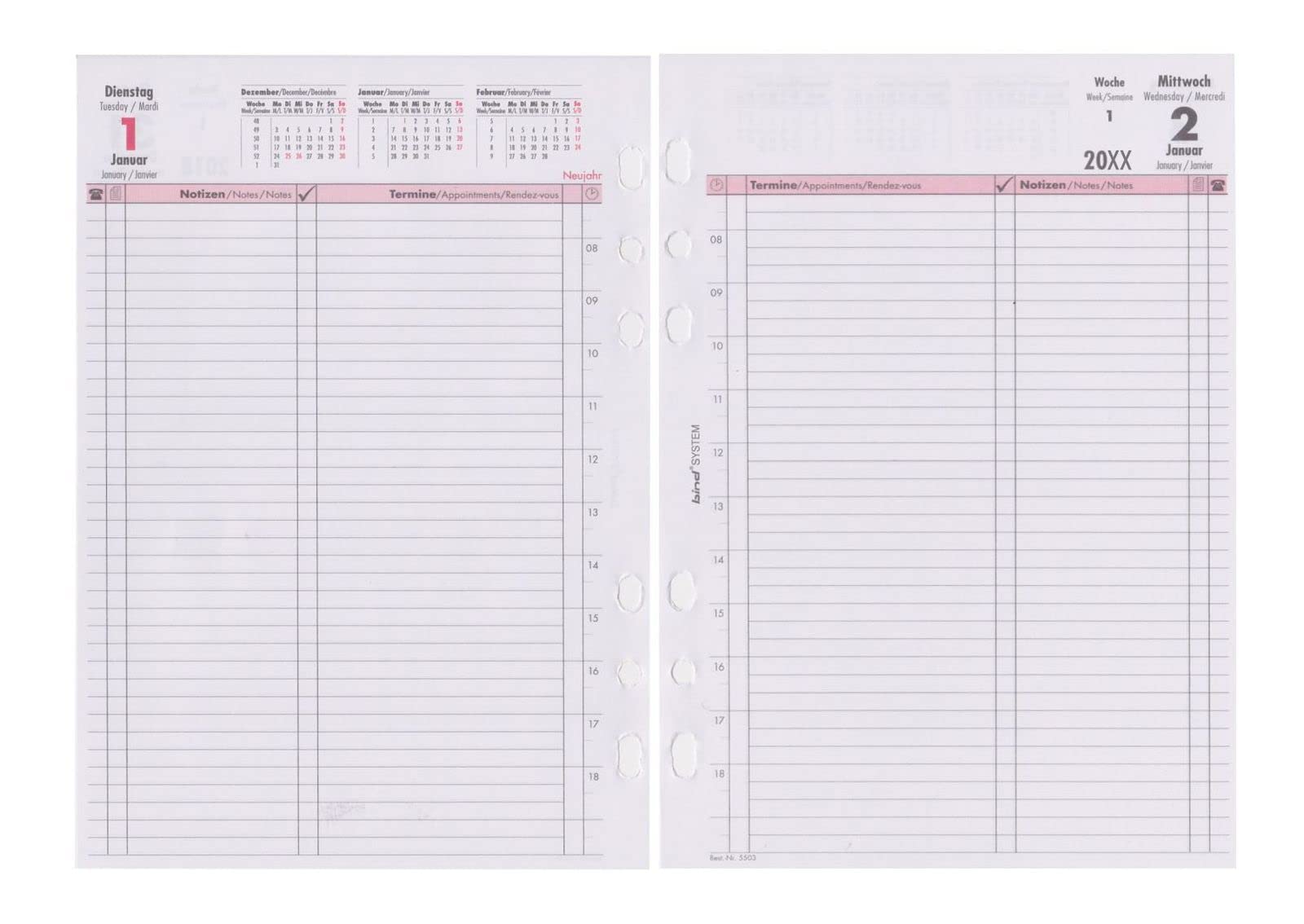 BIND B550326 Kalendereinlage für Tageskalender A5, Timer Einlage für Kalender Jahr 2026, 1 Tag / 1 Seite, Terminkalender mit System, Kalendarium für bind Systemplaner und Standard Timeplaner