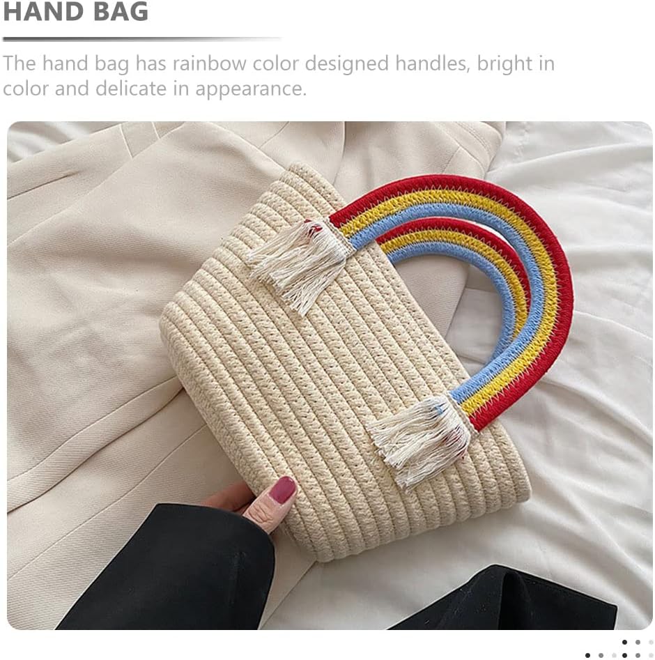 LUOZZY Woven Basket with Rainbow Handle Portable Storage Basket Handbag with Tassel for Nursery Room Toys Books Organization (Random Handle Color) (Pack of 2)