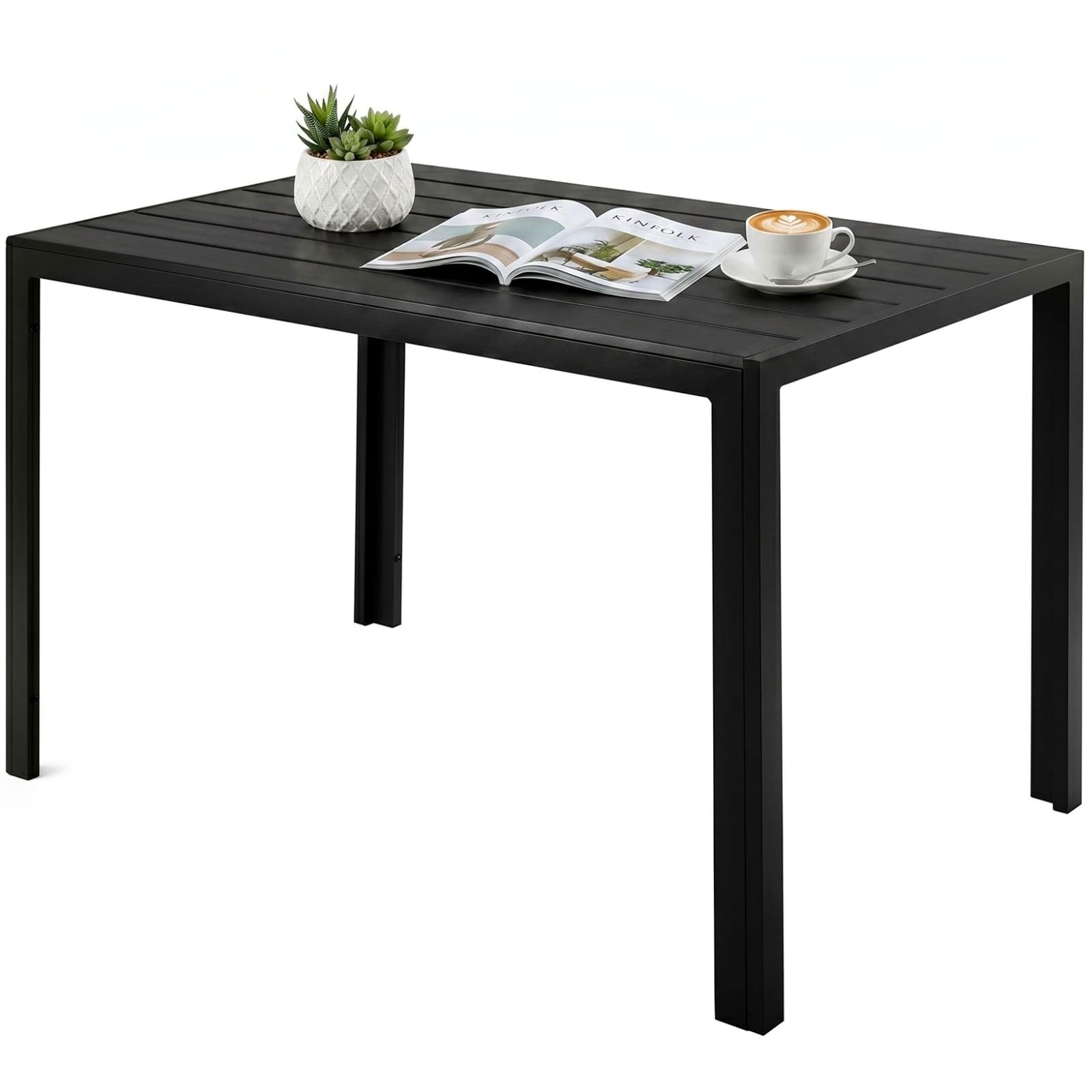 LIFERUN Tavolo da Giardino 110x70 cm, Tavolo da Terrazzo in WPC per 4-6 Persone, Tavolo da Balcone Resistente alle Intemperie con Telaio in Alluminio, Design Effetto Legno,Nero