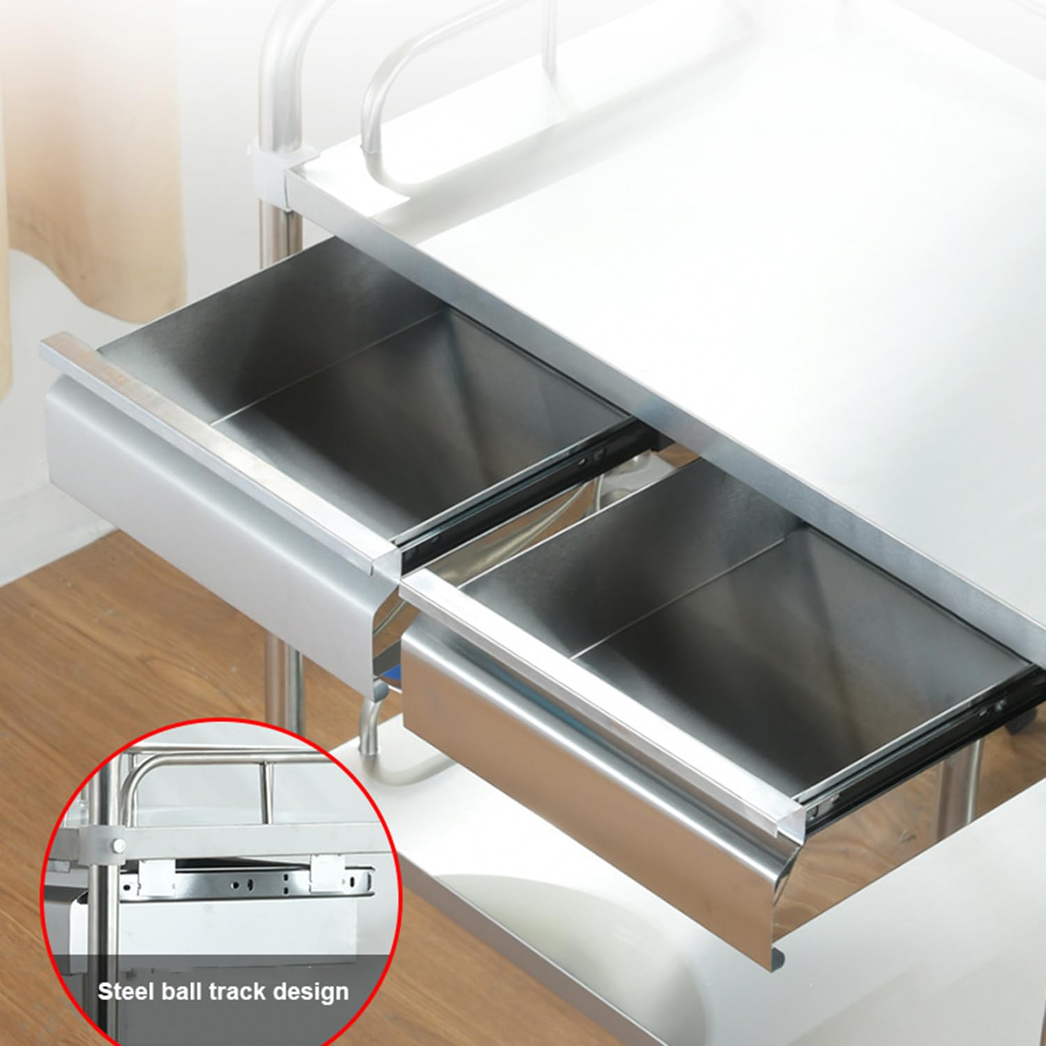 Carro de Servicio de Acero Inoxidable 2 Niveles Carrito con Ruedas 2 Cajones Isla de Cocina Rodante Comercial para Utensilios y Vajilla (Plateado)
