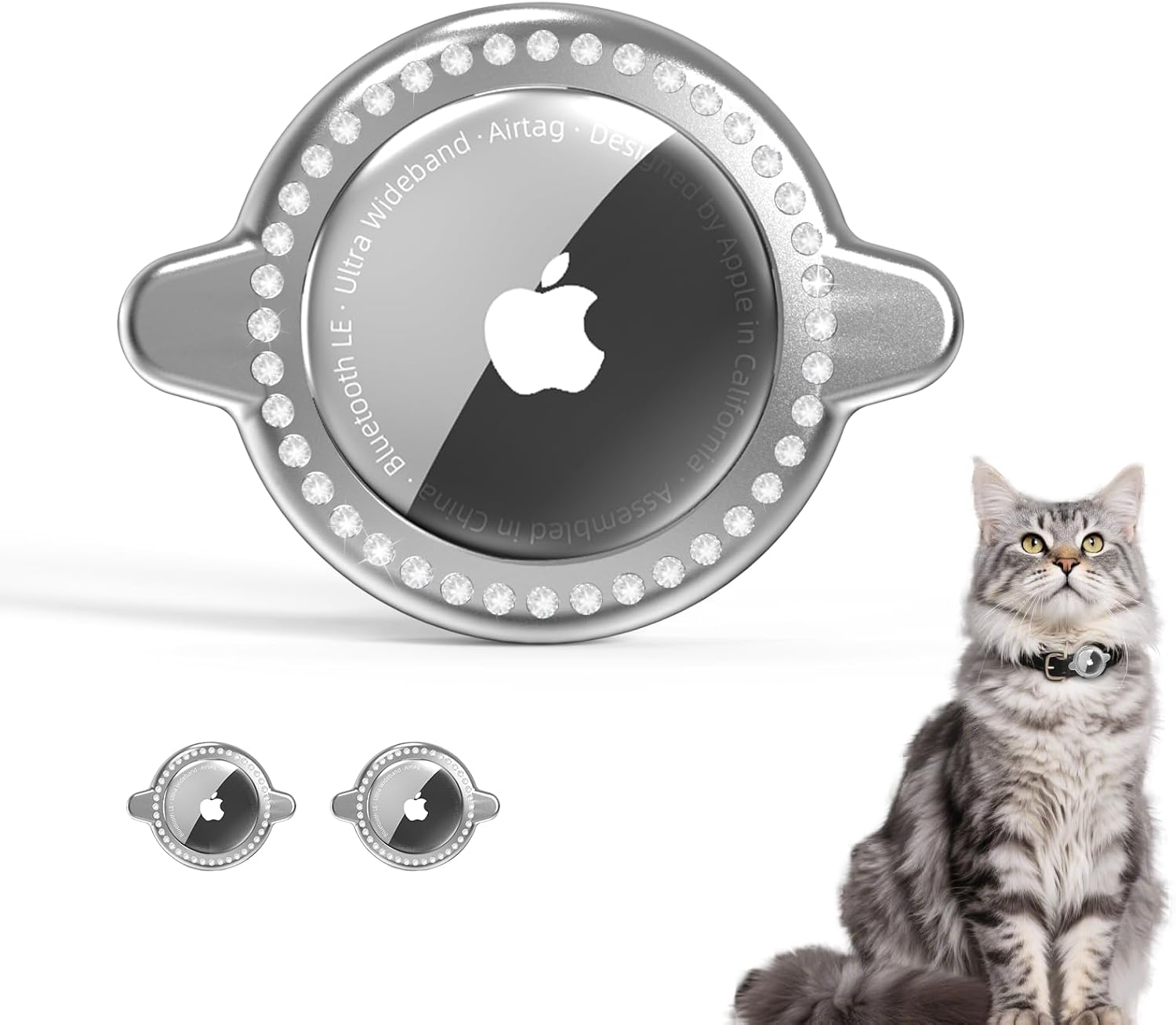 Airtag Holder for Cat Collar (2 Pack) – Glowing Rhinestone Design, Matches All Width Collars, Compact Apple AirTag Holder, Simple to Set up & Light-weight Tracker Holder for Cat and Canine Collar