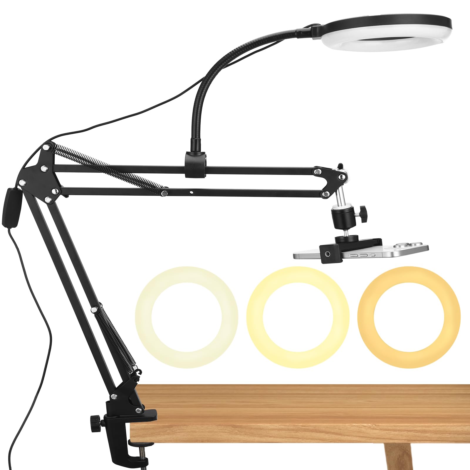 Supporto per cellulare appeso con luce anulare, supporto flessibile per fotocamera da tavolo con luce anulare per registrazione video, live streaming, pittura, make-up e infeltrimento ad ago