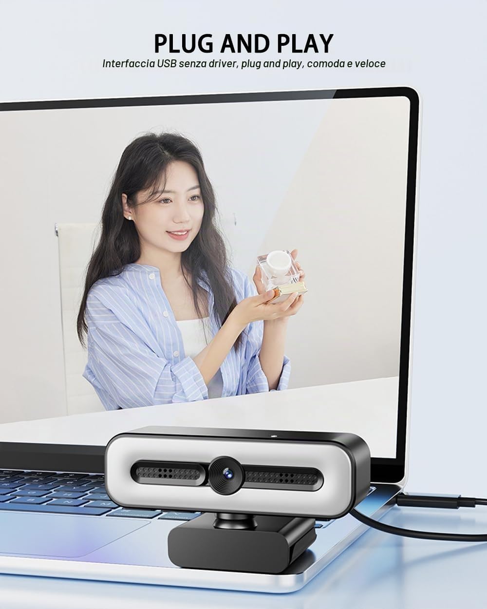 Webcam 4K UHD Ring Light per PC, webcam 1080P 60FPS con doppio microfono AI con cancellazione del rumore, correzione automatica della luce, copertura della privacy, FOV 73°, autofocus PDAF, copertura