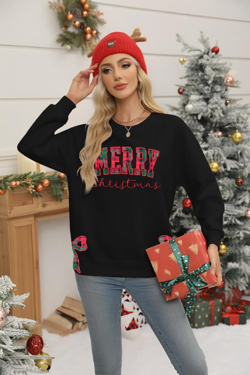 FASHGL Christmas Sweatshirts for Women Merry Christmas Tree Bow Graphic Long Sleeve Xmas Vacation Pullover Christian Top - Image 3