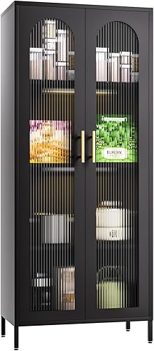 YILFANA Gabinete de cristal de 4 niveles, Gabinete de despensa de cocina de metal con puertas de vidrio templado, Gabinete de acento moderno con