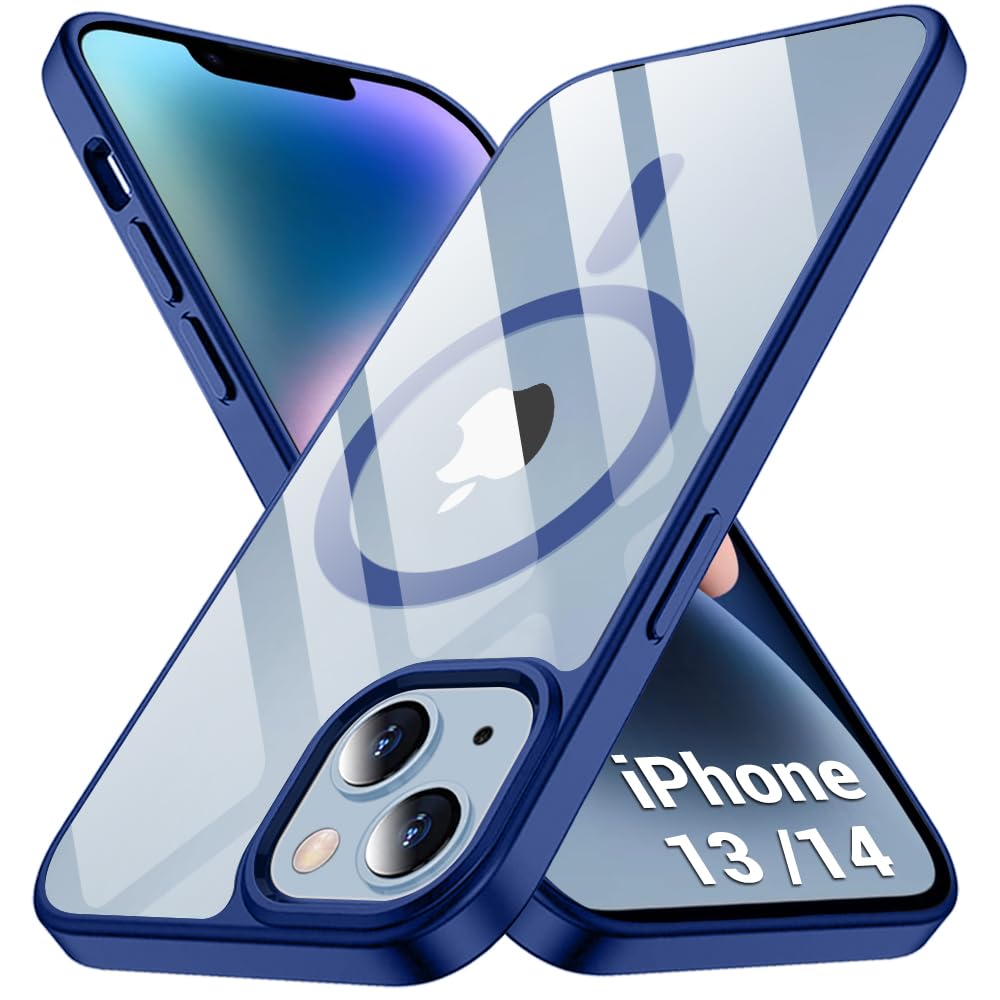 TheGiftKart Ultra-Hybrid Back Cover Case for iPhone 13 / iPhone 14 Compatible with MagSafe | Camera Protection | Hard Crystal Clear Transparent Back Cover for iPhone 13/14 (PC & TPU, Blue Bumper)