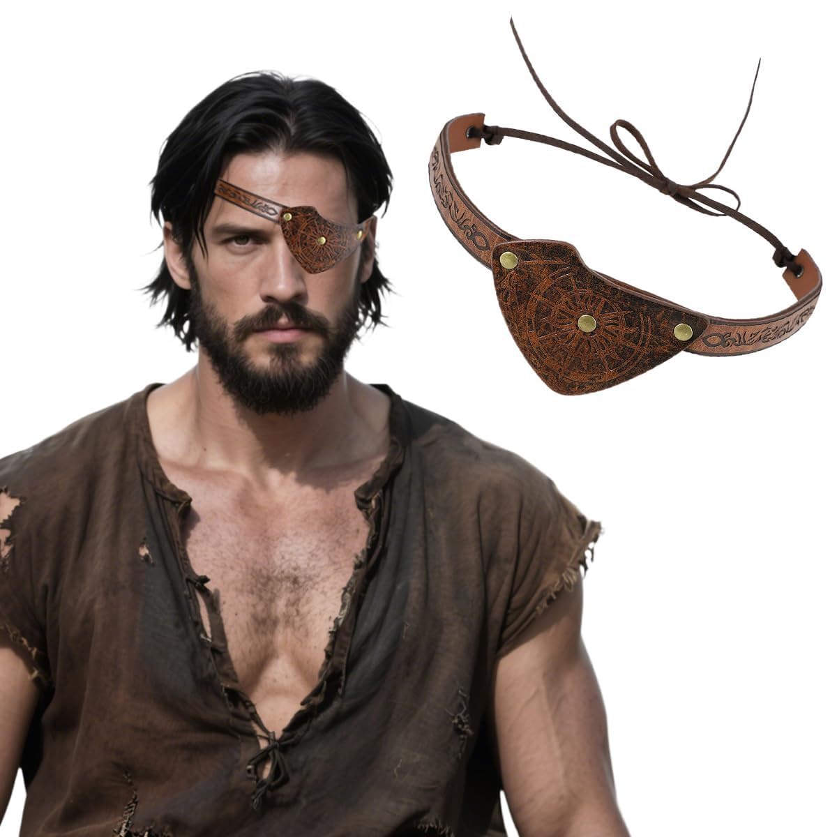 XINGYAOGJ Medieval Pirate Embossed Eye Patch Vintage Faux Leather Eyepatch Renaissance Viking Single Eye Cover Halloween Pirate Captain Eye Blindfold Cosplay Costume Accessory