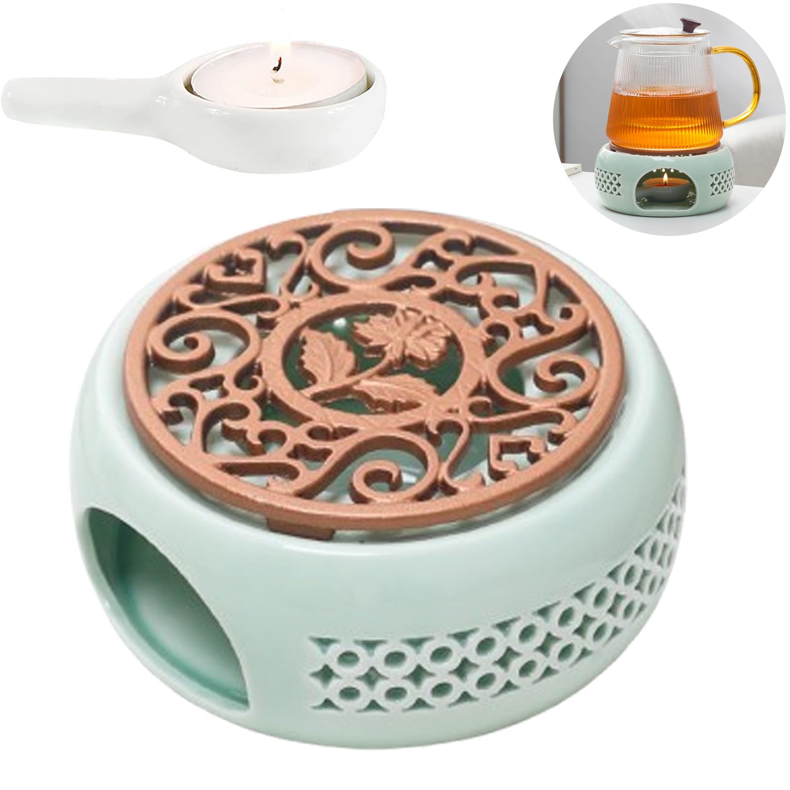 Stövchen für Teekanne Keramik Stövchen Porzellan Teestövchen mit Kerzenhalter und Herdmatte, Hohl Geschnitztes Design Teekannenwärme Kaffeewärmer zum Erhitzen von Tee und Kaffee (Grün)