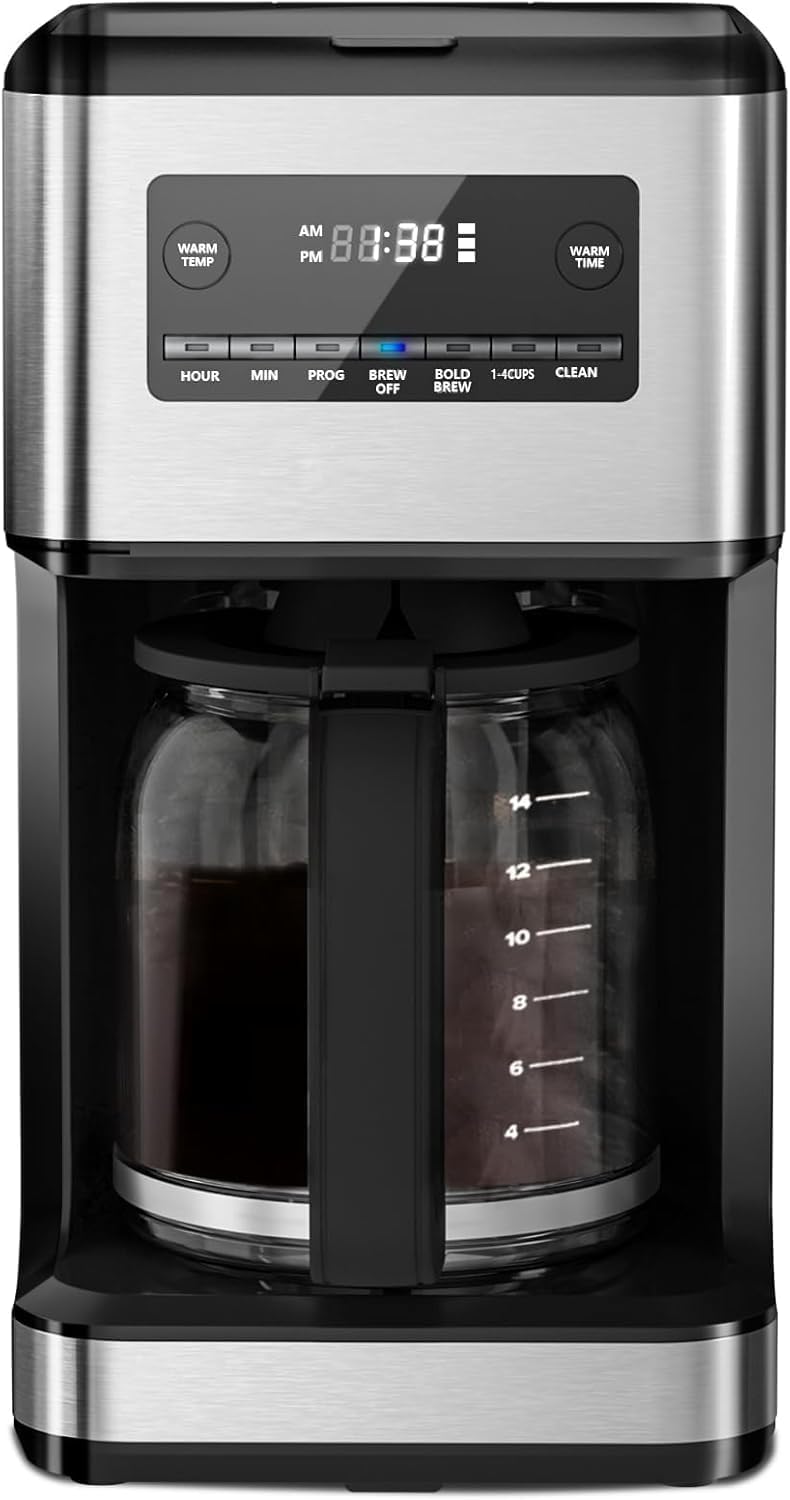 Coffee Maker, 14-Cup Programmable Drip Coffee Makers with Reusable Filter & Keep Hot Plate, Auto Pause Small Coffee Machines with Coffee Pot, Timer, Self-cleaning, for Home, Stainless Steel 14 Cup