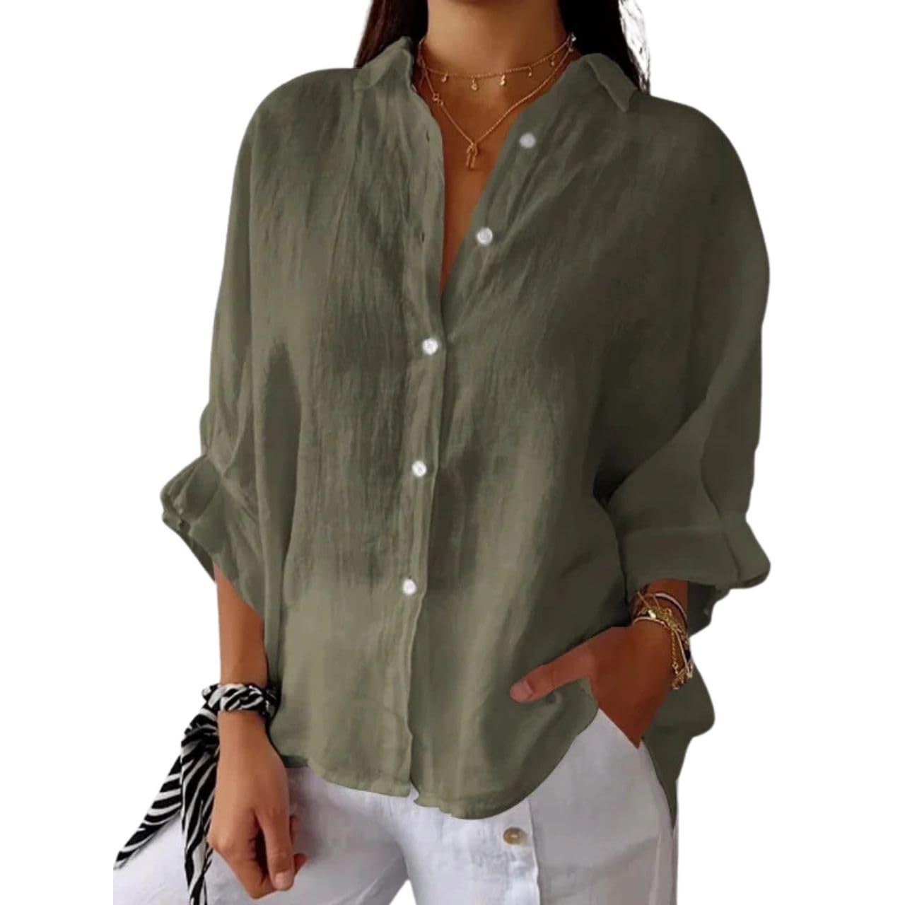 HOTYD Womens Button Down Shirt 3/4 Sleeve V Neck Solid Color Collared Shirt Summer Casual Cotton Blend Tops for Women