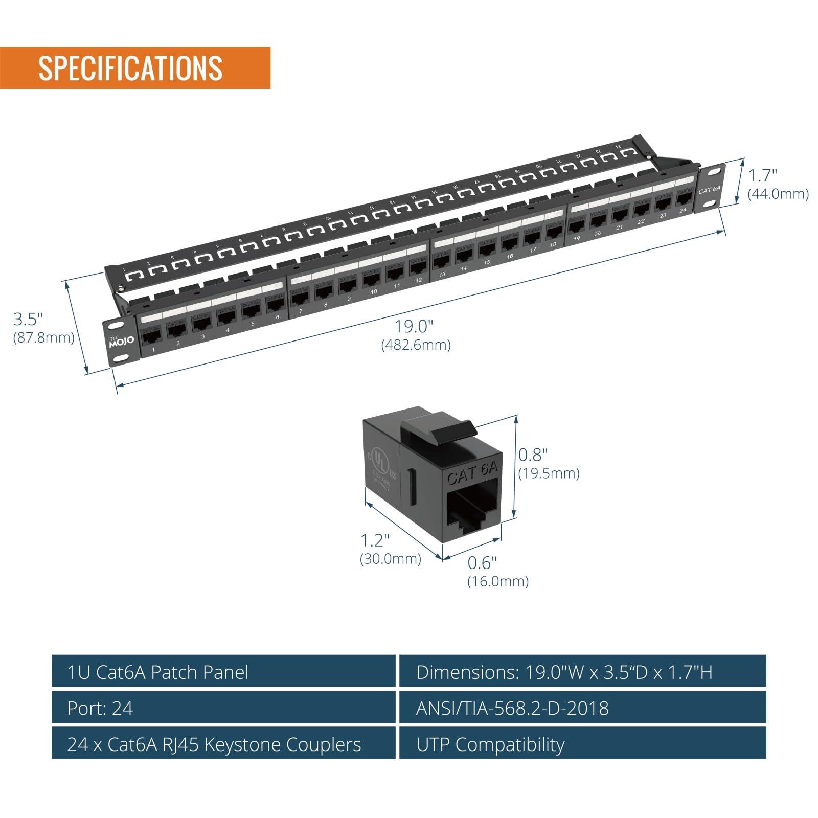 Tecmojo Panel de conexión de red Cat6A de 19 pulgadas para interruptor de red, estantes de servidor de 19 pulgadas y armarios de red, soporte de 10G, montaje en rack, con gestión de cables (panel de