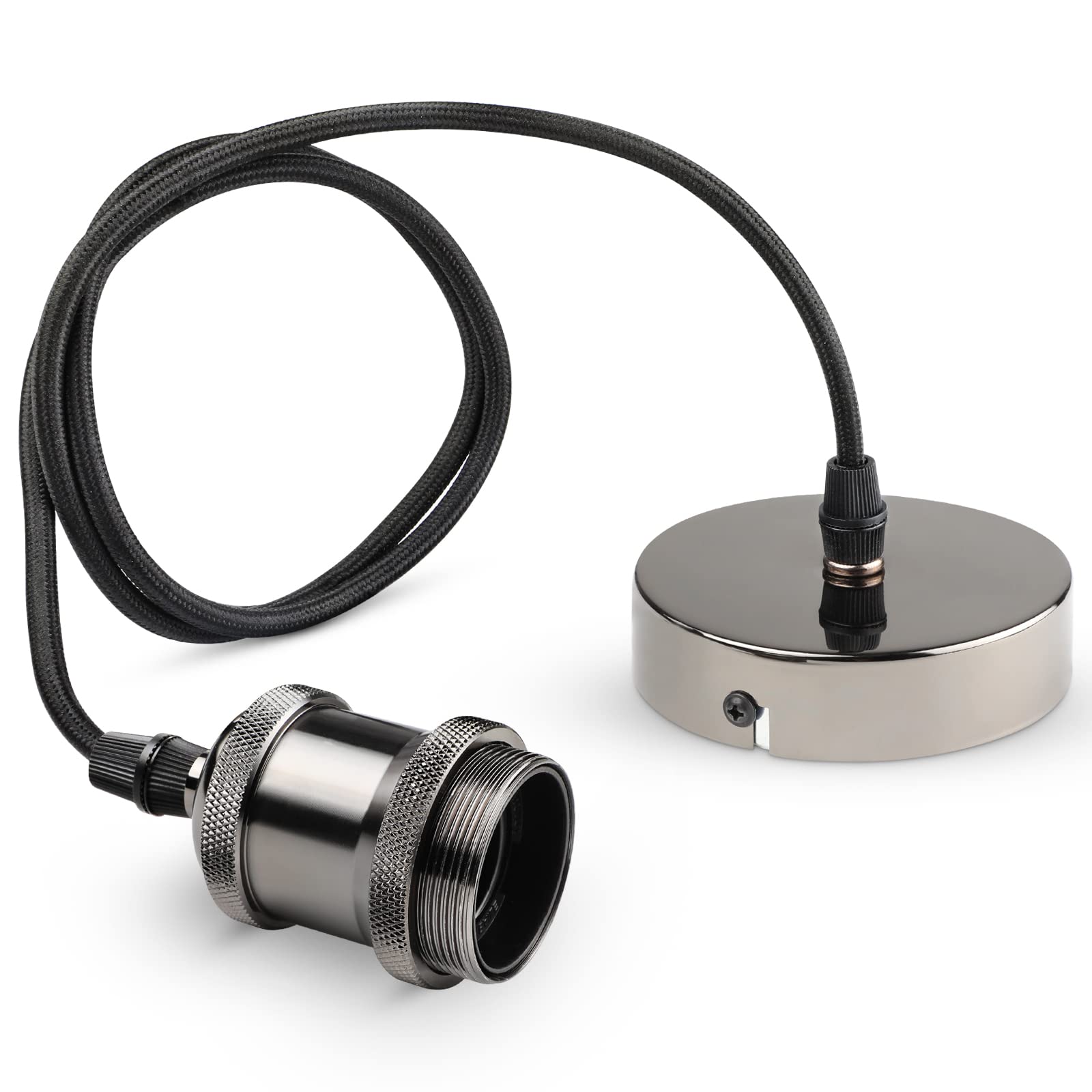 Befurglor Vintage Pendant Light Fitting, E27 Lamp Holder Suspended Pendant Light Fitting Kit with 1.2M Braided Flex Cable, Black Chrome, 1 Pack (Bulb is not Included)