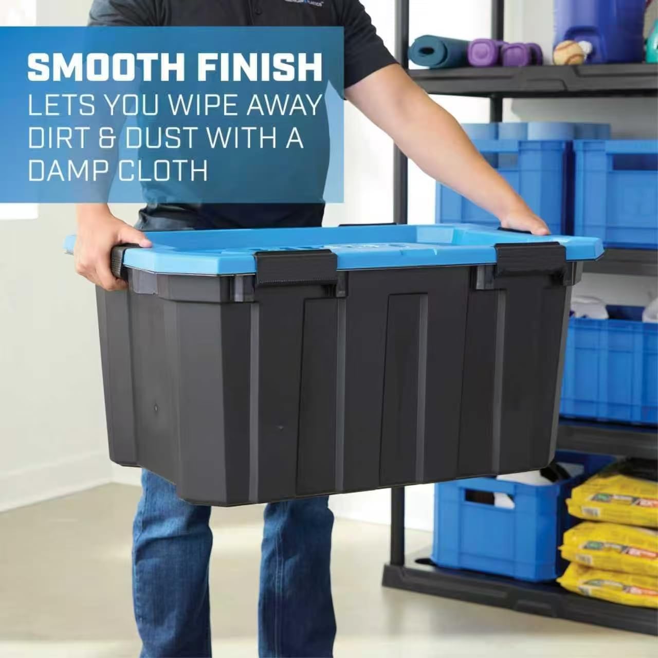 24 Gallon Water Resistant Heavy Duty Storage Bin with Gasket Seal Lid & 6 Latching Closures – Black/Blue Dust Proof Tote for Power Tools, Lasers, Truck Transport, Stackable