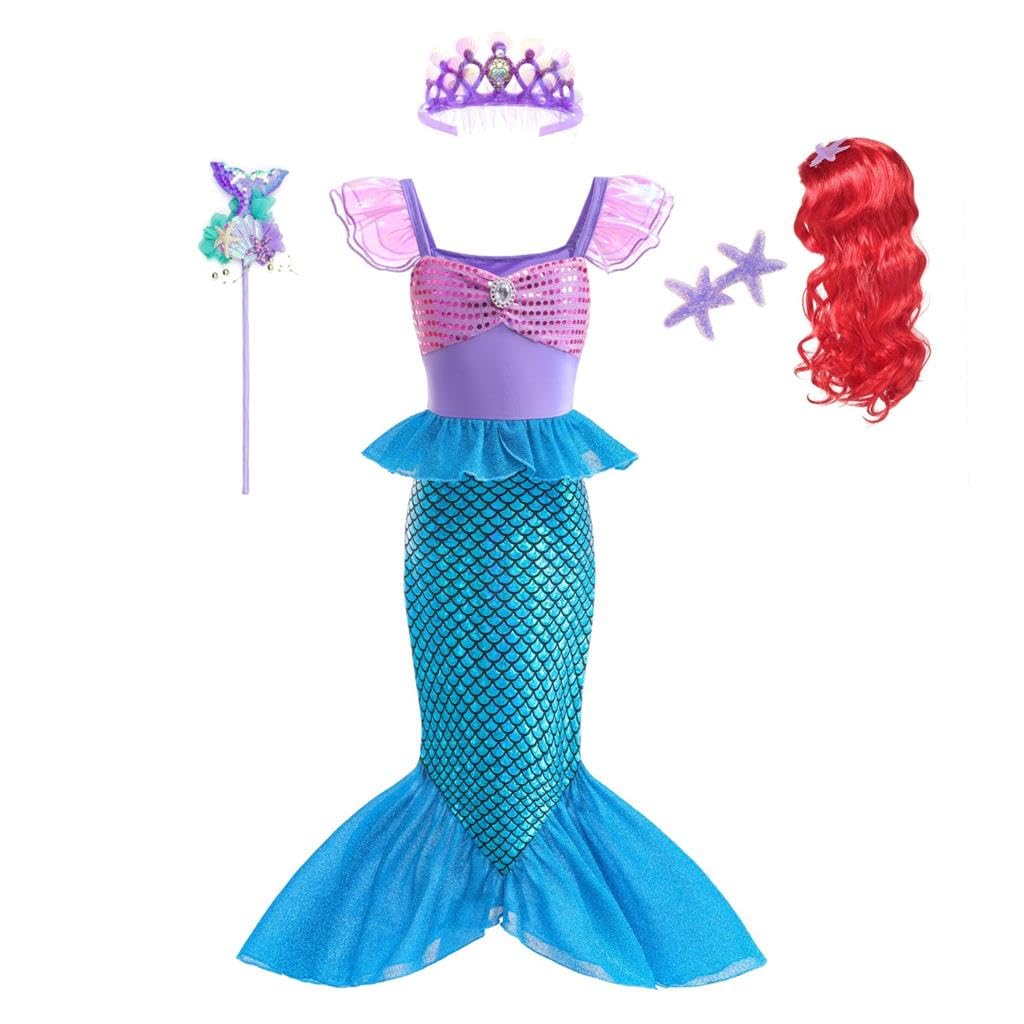 Dressy Daisy Shimmery Princess Mermaid Tail Fancy Dress Birthday Party Costume with Crown & Wig for Toddler Girls Size 5T