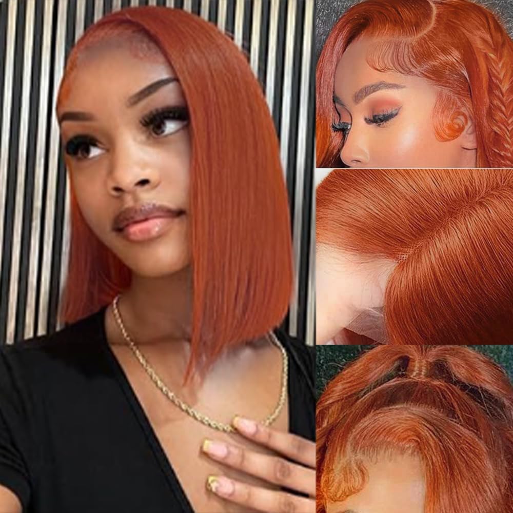 Ginger Orange Lace Front Wig Human Hair 13x4 HD Transparent Lace Short Bob Wig Pre Plucked Hairline with Baby Hair 350 Straight Bob Wigs for Black Women 180% Density Brazilian hair Natural Look 12Inch