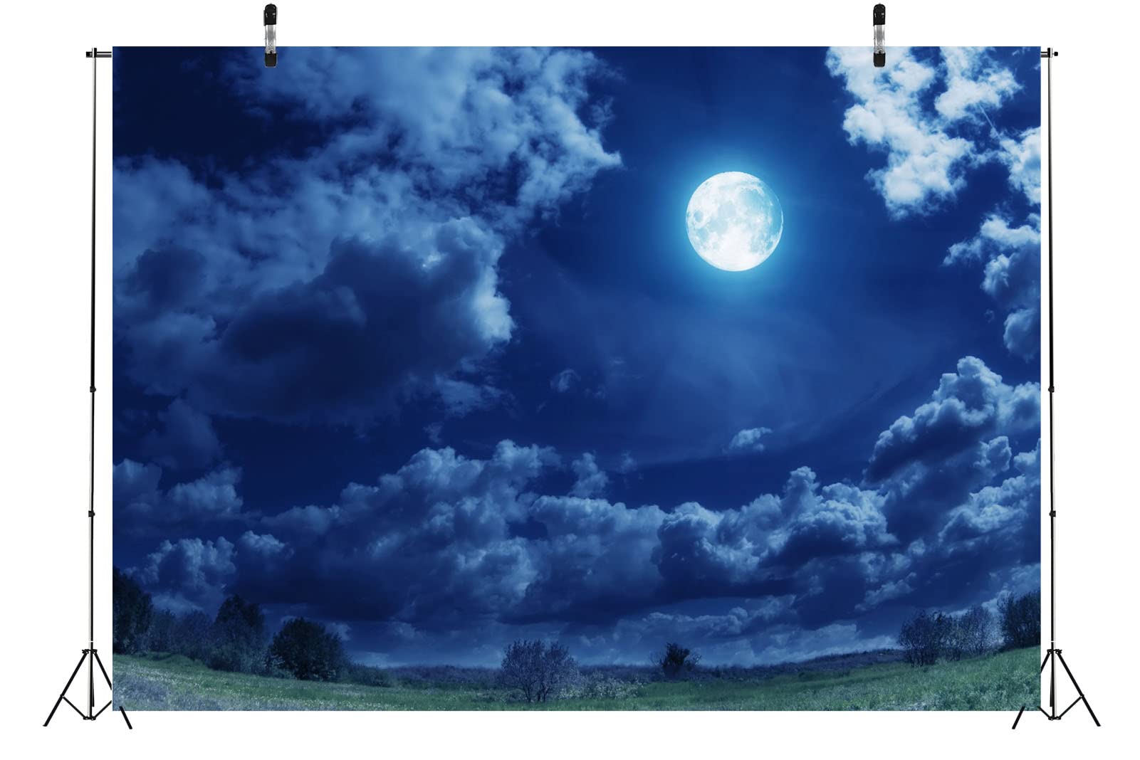 BELECO 3x2.5m Telo sfondo notte stellata luna piena | Cielo nuvoloso prato verde natura sfondo campeggio picnic decorazione festa accessori foto