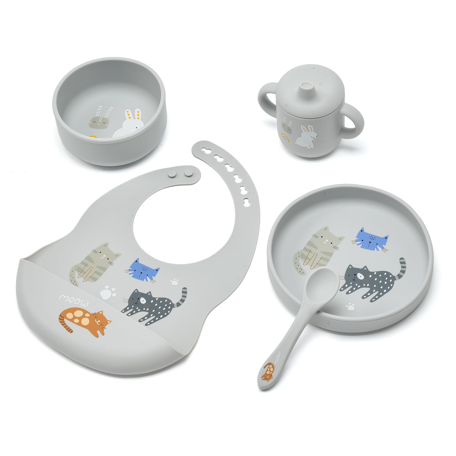 Juego de alimentación de silicona Imagination Junction, suministros para el destete dirigido por el bebé, cubiertos, utensilios para bebés, elementos esenciales para comenzar con alimentos sólidos, juego de 5 piezas, gris