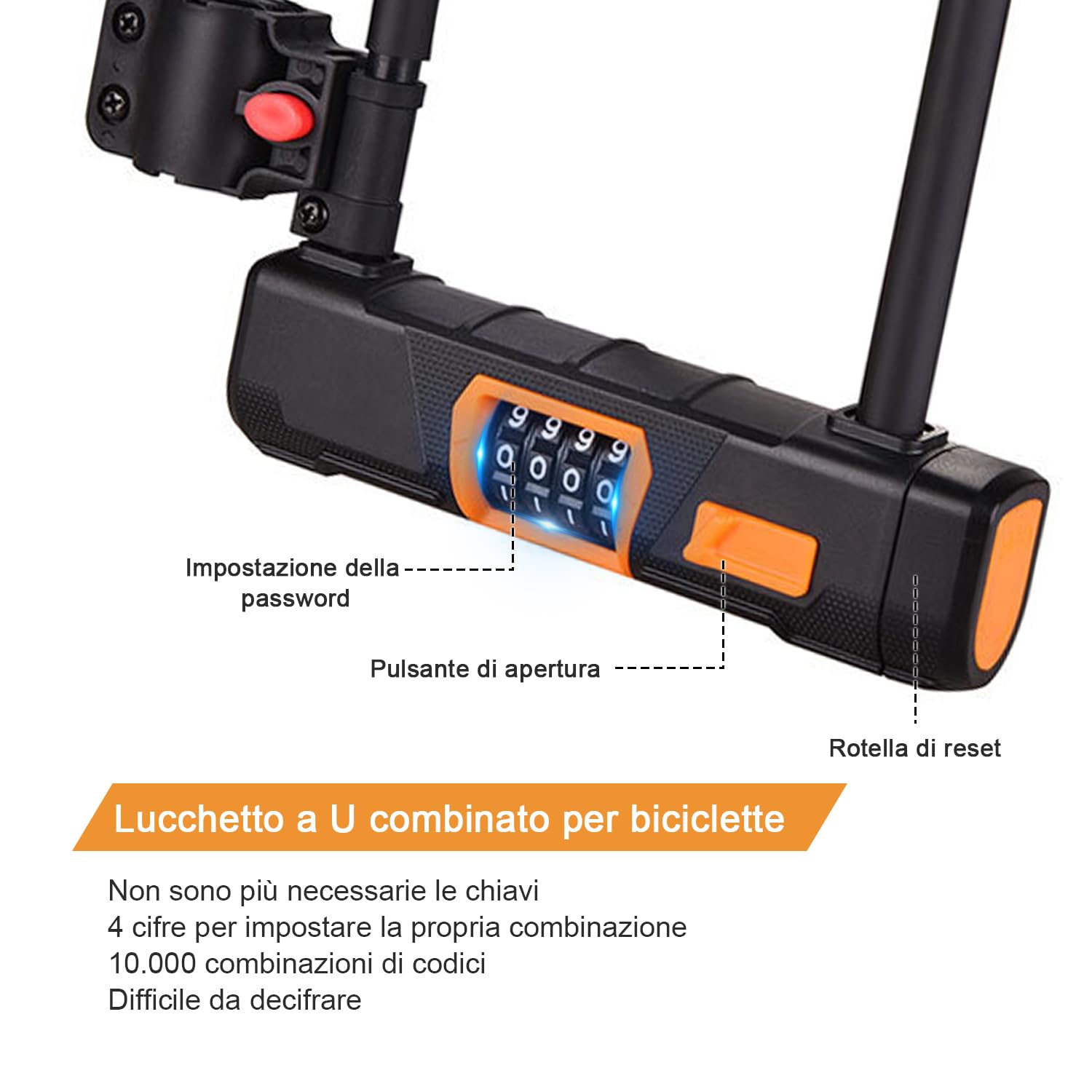 Lucchetto a U per bicicletta, Anti-furto A 4 cifre Serratura a combinazione con cavo, Lucchetto a cavo da 1,2 m per bicicletta, scooter elettrico, moto, porta