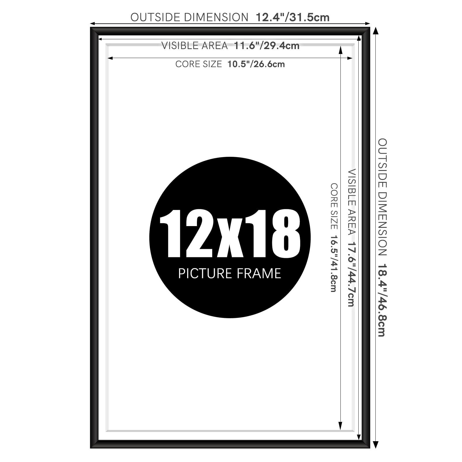 Hesmor 12x18 Picture Frame Black 18 x 12 Inch 30x45cm Picture Frame Aluminum Acrylic Wall Mounting Poster Frames with Mat for Portrait Printing - Image 3