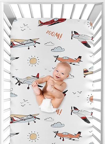 Miniatura 6 de Sweet Jojo Designs Vintage Airplane Boy Sábana bajera para cuna para bebé o niño pequeño, gris, amarillo, naranja, rojo, blanco y azul, avión,