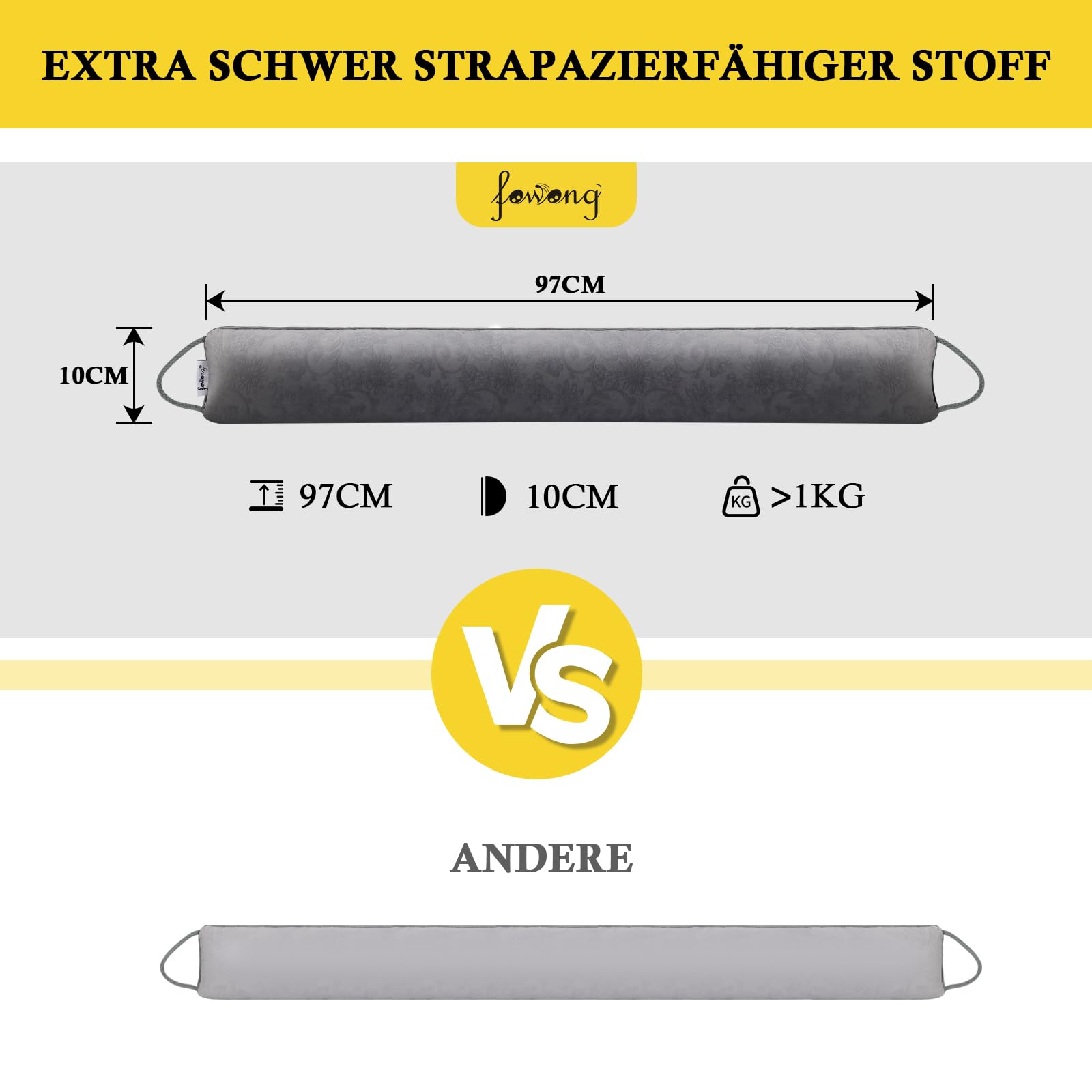 fowong Zugluftstopper für Türen 97x10 cm, Türdichtung zugluftstopper Extra Schwere-Waschbar-Isolierung, Fensterdichtung Luftstopper mit Selbstklebende Klebeband, Kalt Luft Insekt Licht Blockiert,Grau