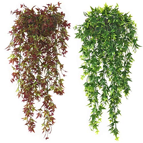 Fake Hanging Plants Artificial Vine, Plastic Ivy Greenery Christmas Garland Faux Vines Grass Flowers Leaves Home Garden Outdoor Indoor Party Wedding Diy Bedroom Wall Decor Decoration - Red 2 Bundles #TOP2