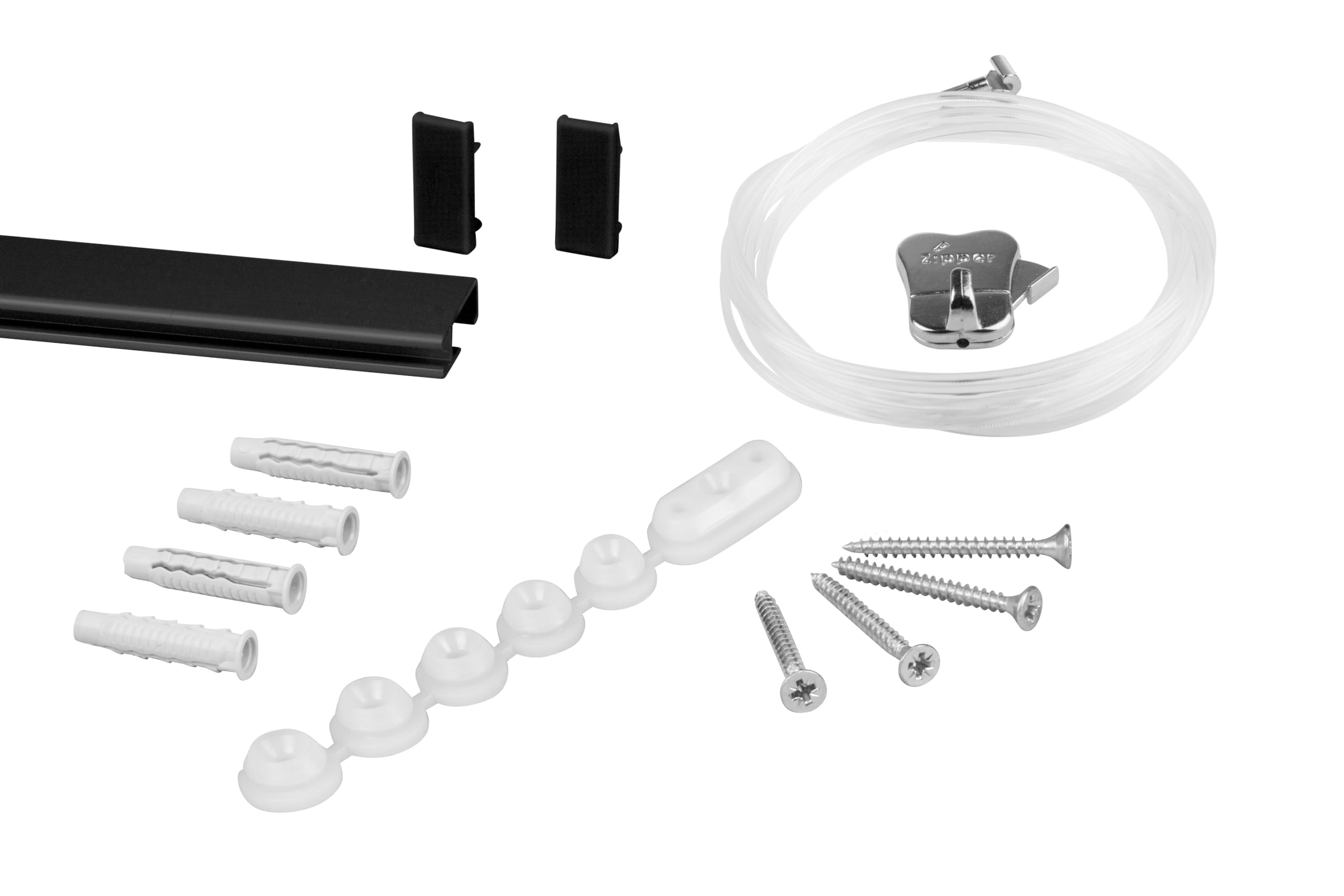STAS Minirail Bilderschiene – Schmalstes Aufhängesystem, 25 Kg/m, Mit Perlonschnur & Zipper-Haken