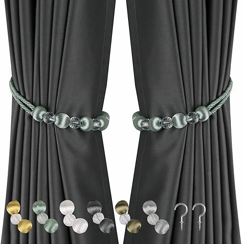 BEL AVENIR Alzapaños de cortina de cristal, cortina hecha a mano con cuentas con 2 ganchos de metal para tornillos decorativos (azul, paquete de 2)