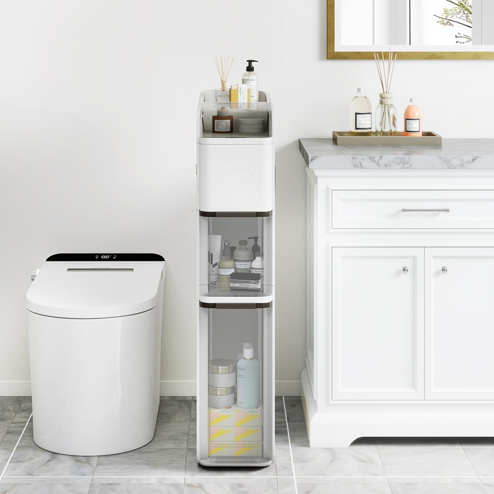 KOMFOTTEU Armadietto a nicchia sottile su ruote, salvaspazio con 2 cassetti, porta fazzoletti, ripiano superiore, carrello per cucina, bagno, 18 x 43 x 88 cm (bianco)