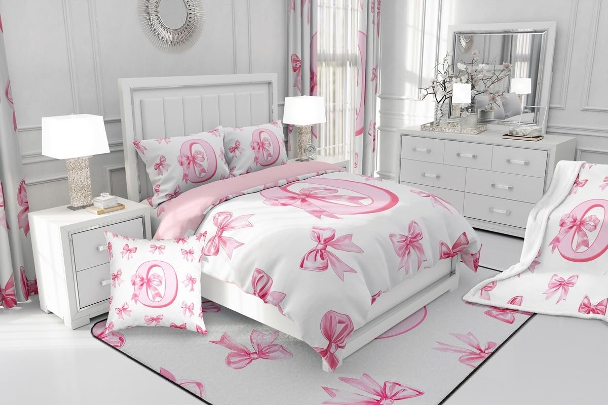Erosebridal Dreamy Princess Bowknot Girls Toddler Bedding Set Kids Pink Initial Letter O Bedding Comforter Sets Cute Kawaii Letter Bow Comforter Set Romantic Chic Bowknot Quilt Duvet 2 Pcs