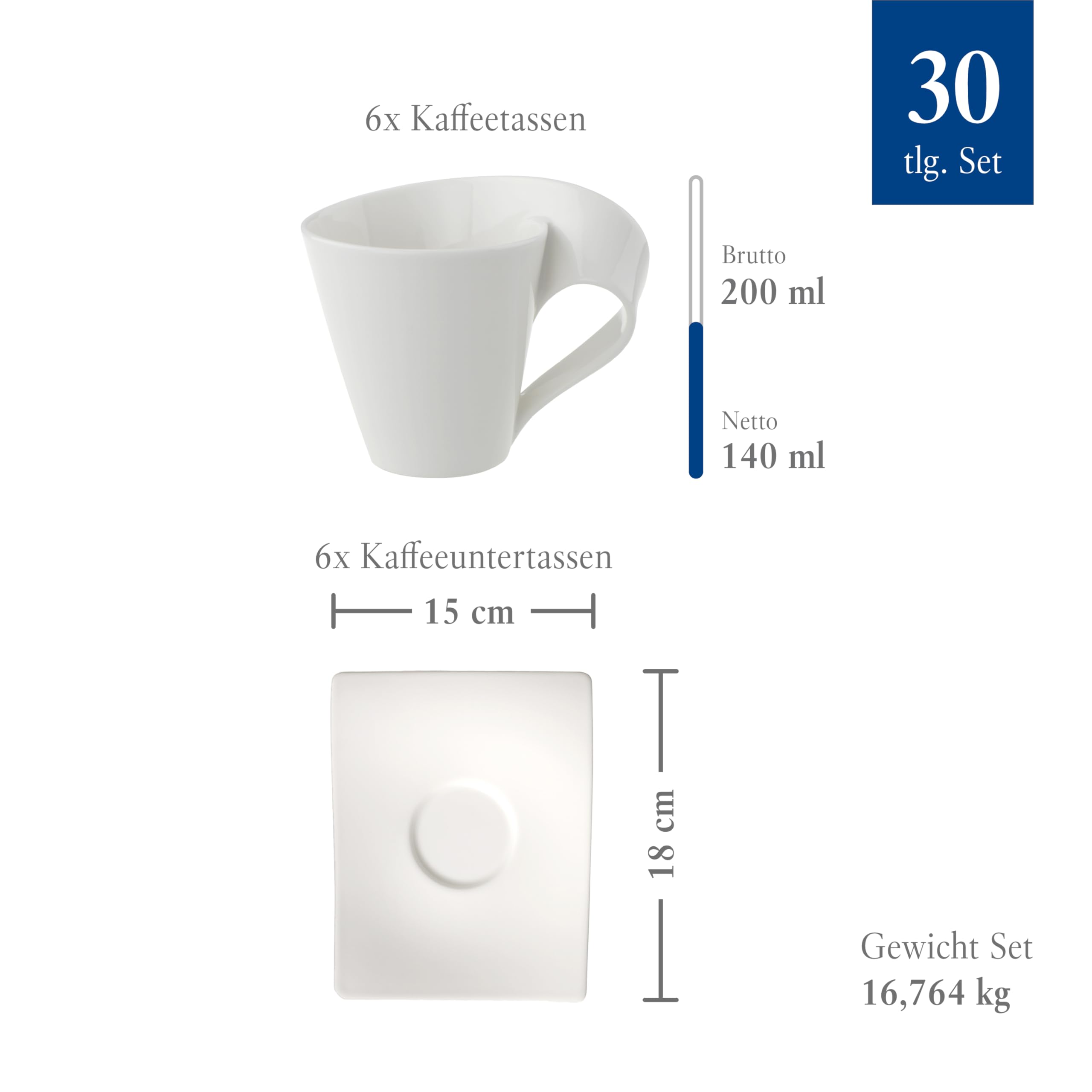 Villeroy & Boch - NewWave Basic, Zestaw stołowy dla maksymalnie 6 osób, 30 elementów, Porcelana Premium, biały kolor