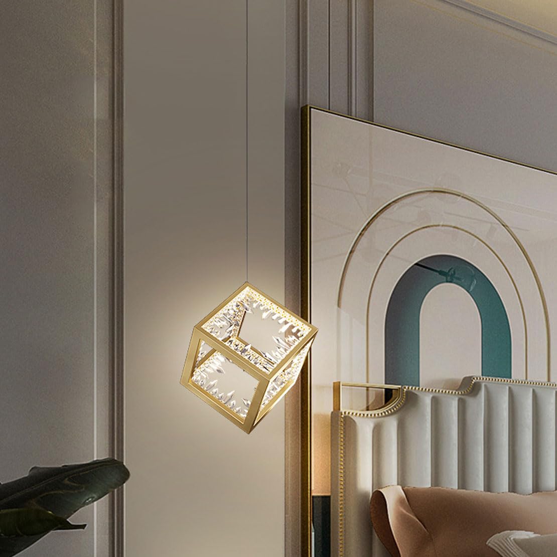 Lampa wisząca LED, żyrandole, LED z ekranem klatkowym, lampa sufitowa LED 24 W, szczotkowany mosiądz kryształ na wyspę kuchenną, jadalnię, ławkę