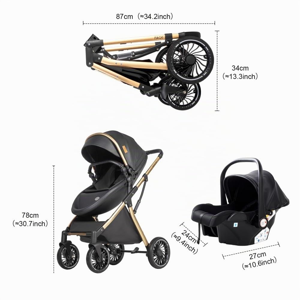 Poussette 3 en 1 pliable avec mode berceau et roues tout terrain | Dossier inclinable modulable, adapté aux nouveau-nés et tout-petits avec accessoires fournis,Noir