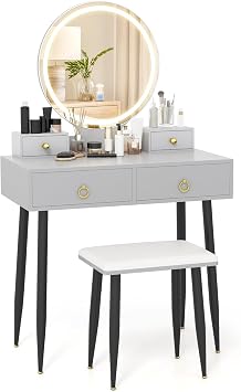 COSTWAY Dressing Table Set with 3-Color Adjustable LED Lights Mirror, Wooden Detachable Makeup Vanity Table Stool Set, Home Bedroom Furniture Cosmetics Dresser Grey+Black, 4 Drawers