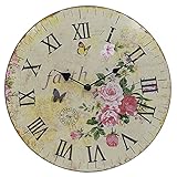 Hippih Silent Round Wall Clocks (12 Inches) Living Room Decorative Vintage / Country / French Style Wooden Clock(Round Flower)