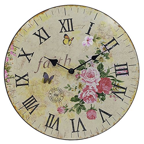 HIPPIH Silent Round Wall Clocks (12 Inches) Living Room Decorative Vintage/Country/French Style Wooden Clock(Round Flower)