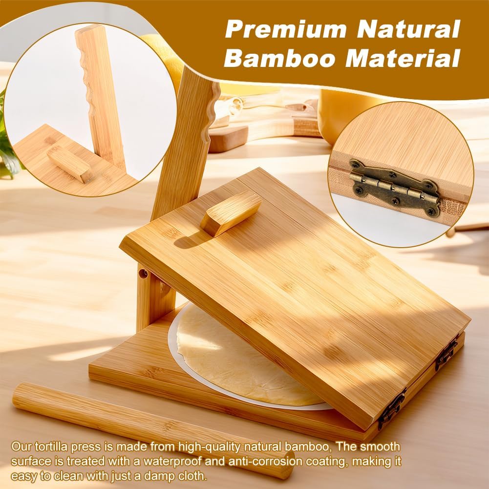 Upgraded Bamboo Wooden Tortilla Press, 10 Inch Bamboo Tortilla Maker with 50 Parchment Paper and 1 Rolling Pin, Mexican Tortillera Presser for Homemade Tortillas, Pataconera