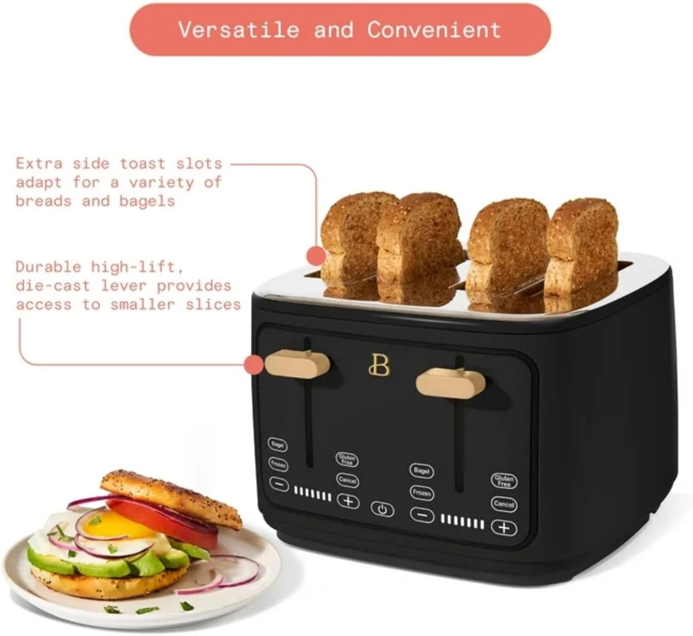 Four-slot Digital Touch Display Toaster with LED Countdown Extra Wide Self-Adjusting Slots Powerful Even Toasting (Black Sesame.)