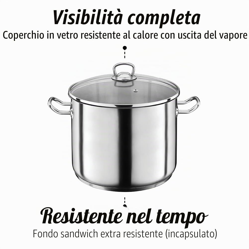 GSW 643437 Profi – Pentola con coperchio in vetro, 15 litri, Acciaio inox, Colore Argento, Diametro 28 cm