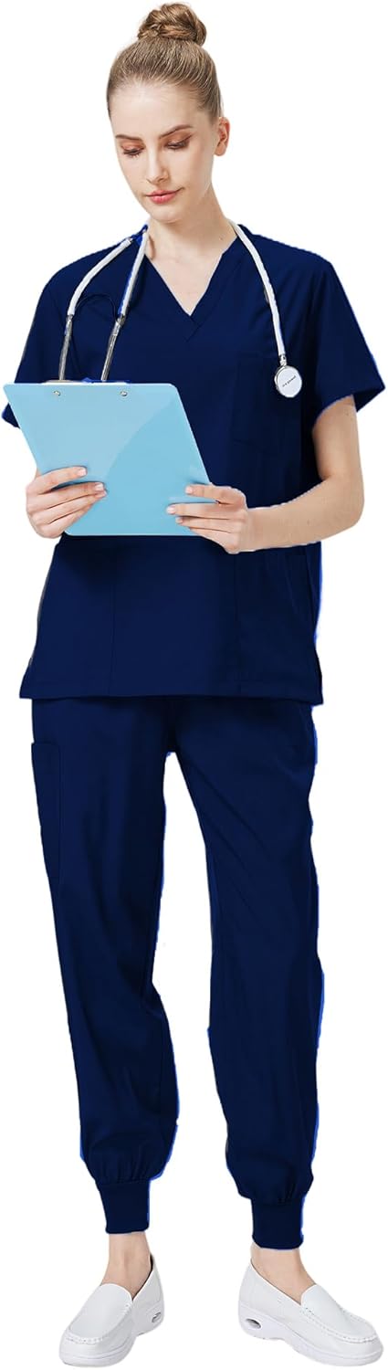 Meichoon Medical Overalls Suit V-neck Short-sleeved Top with 3 Pockets Slim Pants Quick-drying Unisex DK05