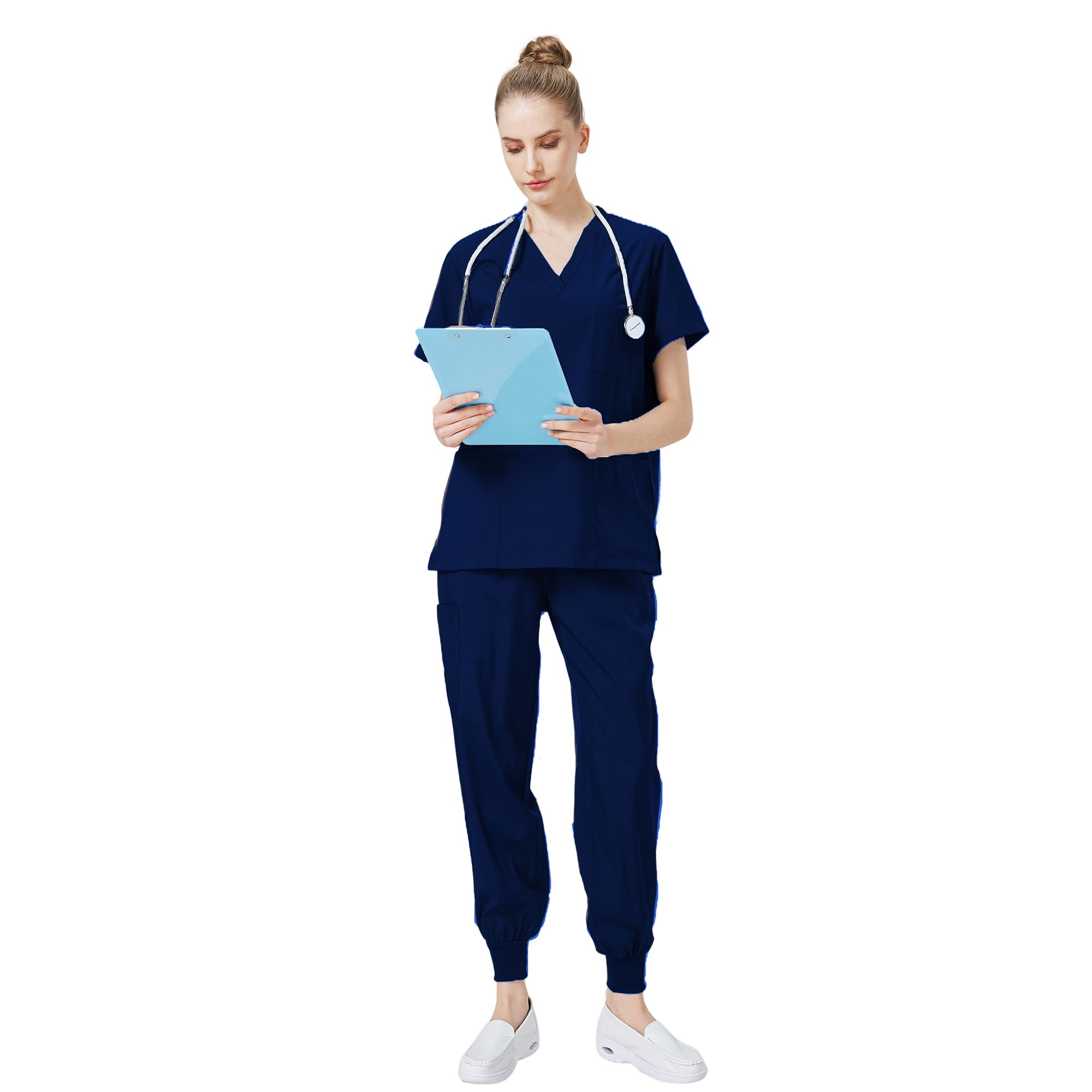 Medizinischer Overall Anzug V-Ausschnitt Kurzärmliges Oberteil mit 3 Taschen Schlanke Hose Schnelltrocknend Größen Unisex DK05