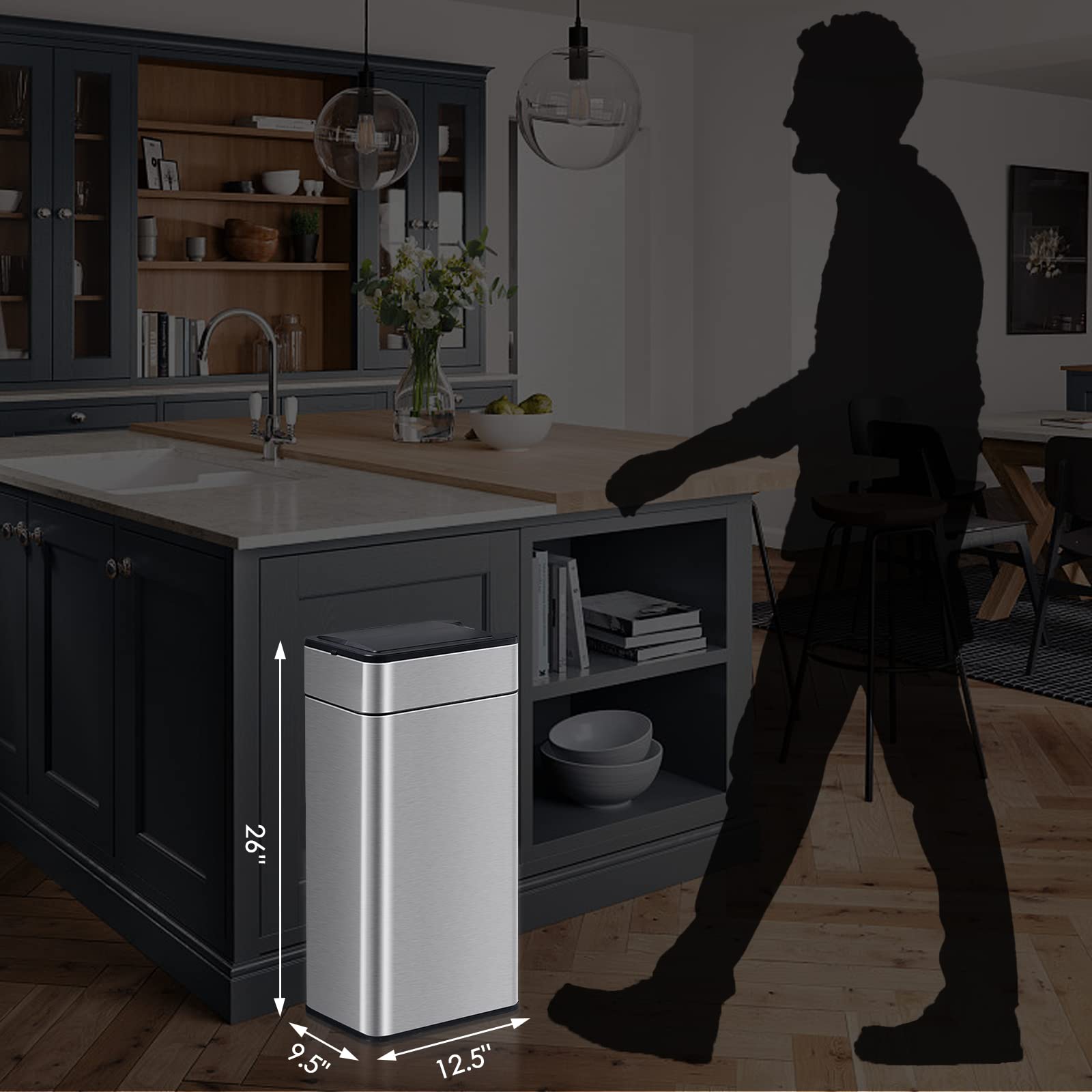 ELPHECO Kitchen Trash Can 40 Liter / 10.6 Gallon Automatic Trash Can with Butterfly Lid, Brushed Stainless Steel Finish, Motion Sensor Garbage Can for Kitchen, Office, Living Room, 2 AA Batteries