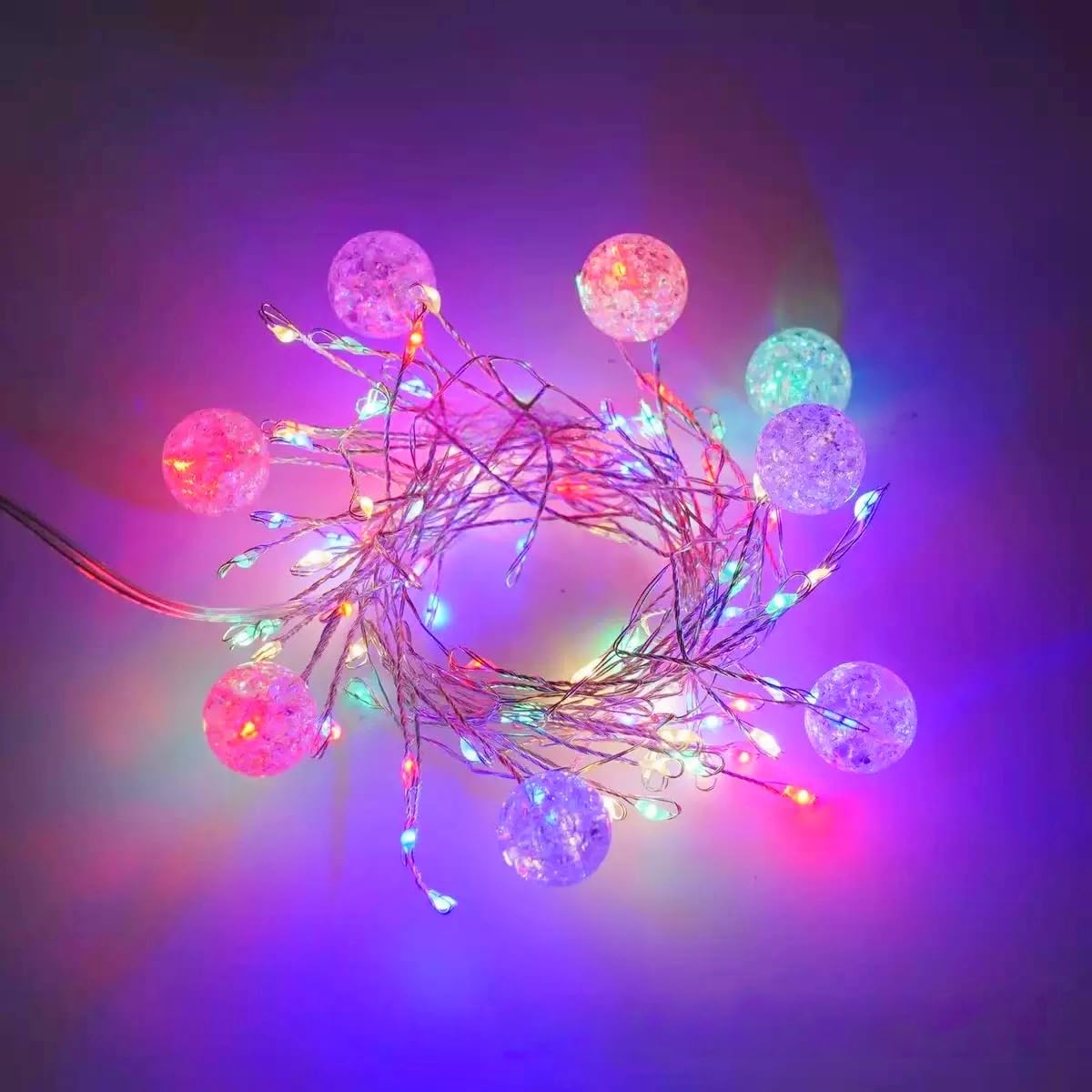 HHMTAKA Cluster Lights 1.5M 50LED 8 Crackle Balls 8 Modes with Remote String Lights on Silver Wire Best for Christmas Fairy String Lights Plug-in (Multicolour)