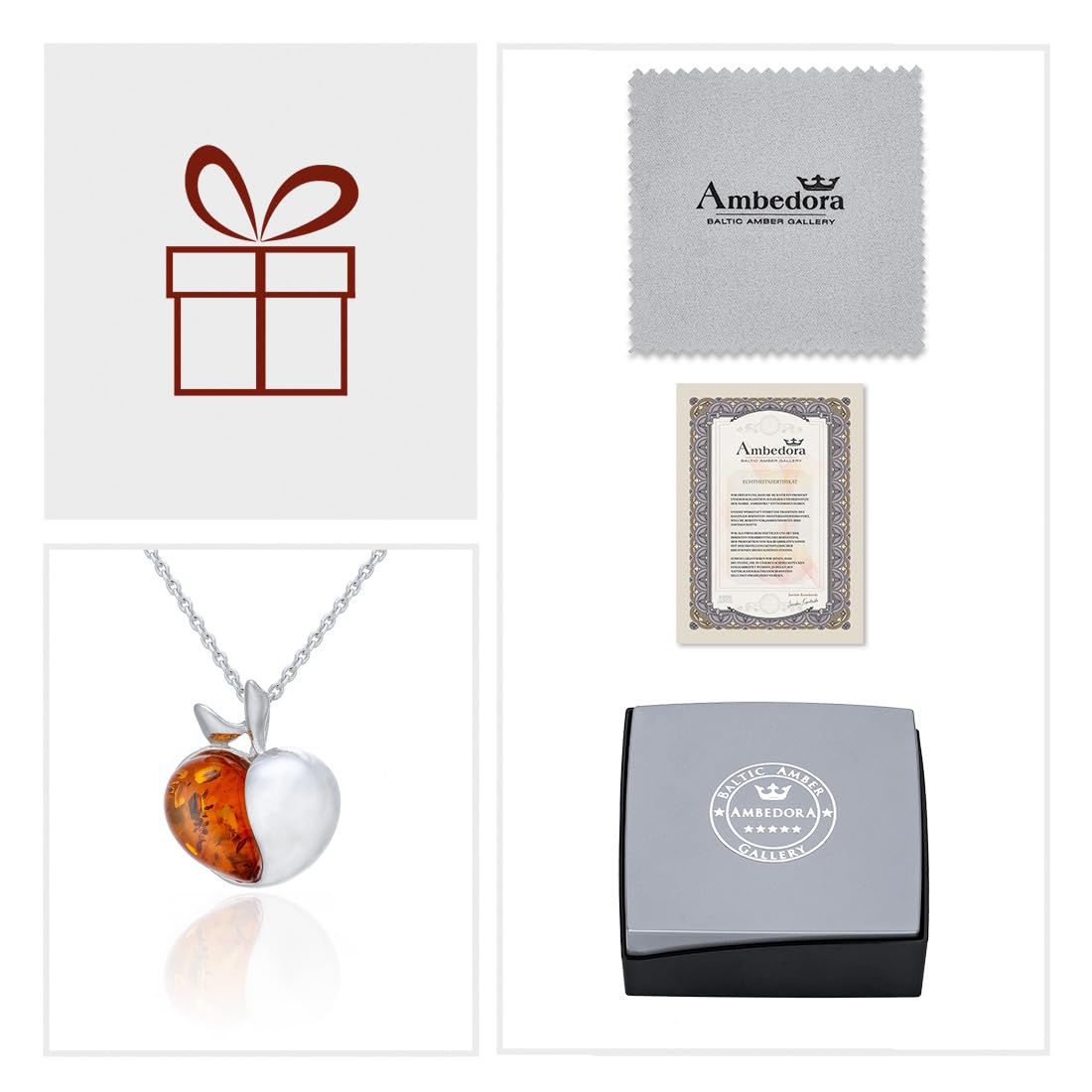 Collar pequeño de manzana para mujer con ámbar, plata de ley pulida, ámbar báltico en color coñac, colgante de plata con cadena, Plata esterlina, Ámbar