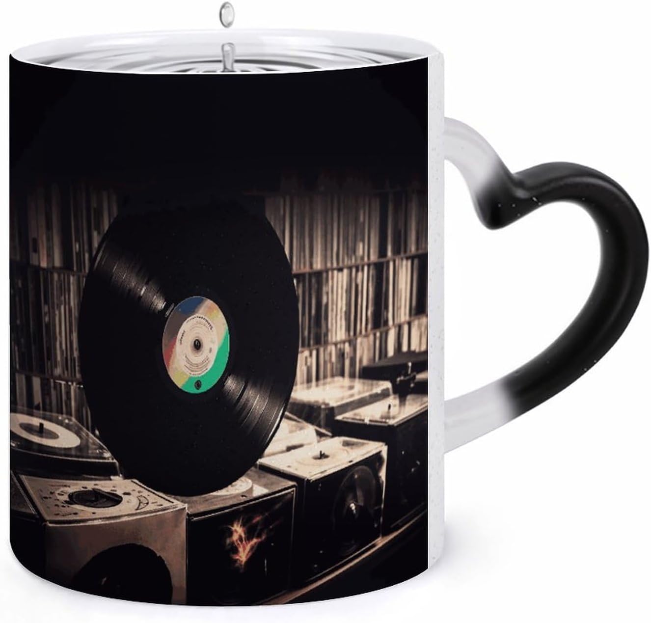 Magic Vinyl Records Color Changing Mug 11 Oz Reveals Surprise Design with Hot Coffee Heat Sensitive Black Ceramic Cup Fun Novelty Gift for Christmas Birthday Office for Men Women